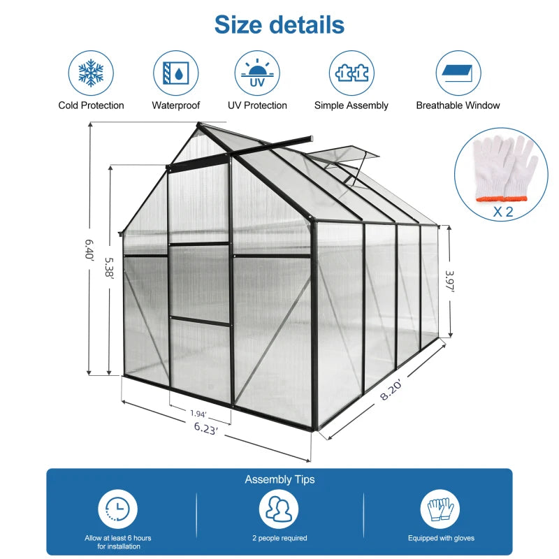 Anchor Aluminum Heavy Duty 6x8 FT Polycarbonate Greenhouse high-qualit