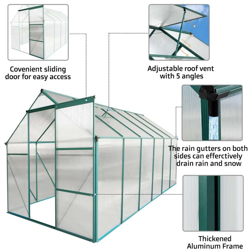 Raised Base and Anchor Aluminum Heavy Duty Polycarbonate Greenhouse
