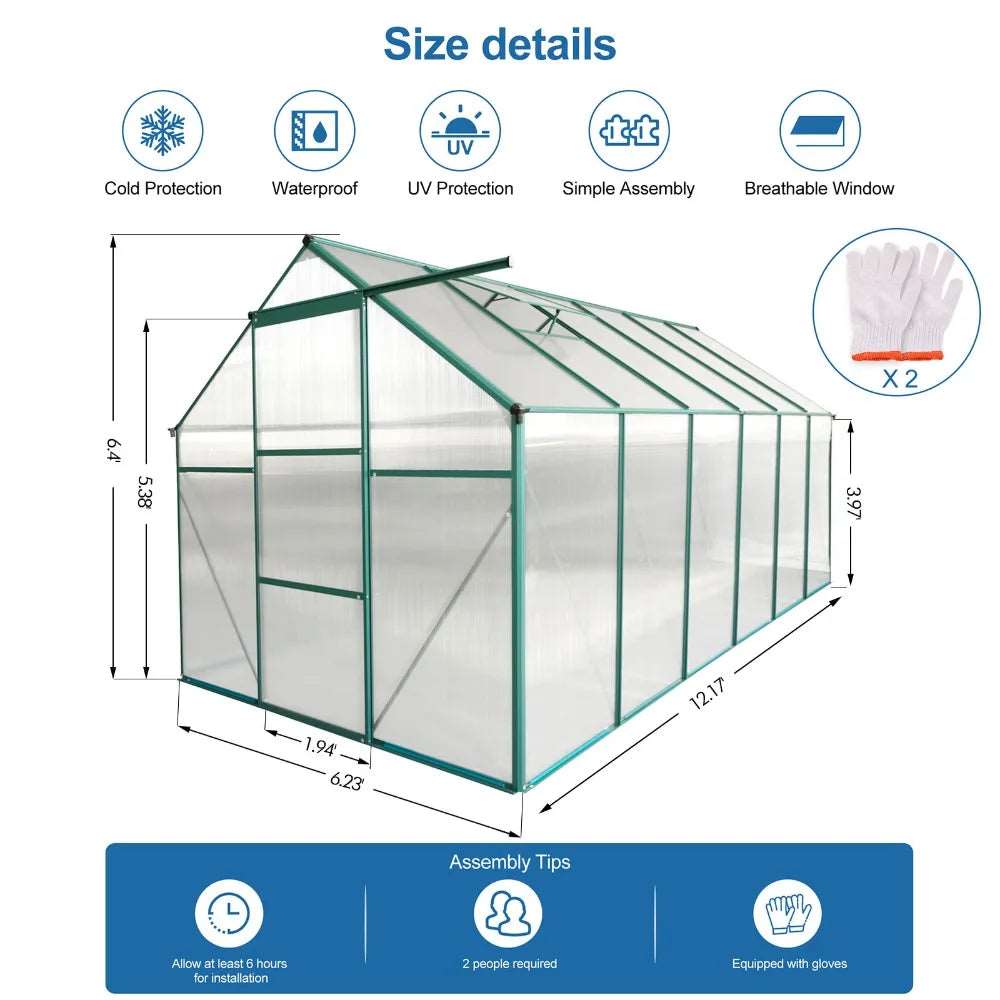 Raised Base and Anchor Aluminum Heavy Duty Polycarbonate Greenhouse
