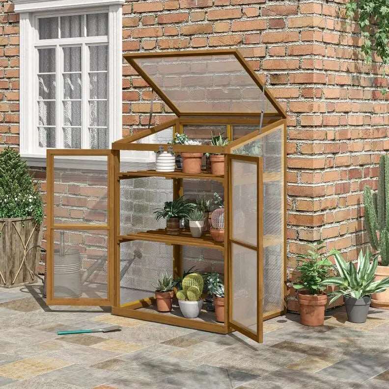 Wooden Cold Frame Greenhouse, Mini Planter Box, 30" L x 24" W x 44" H, Brown
