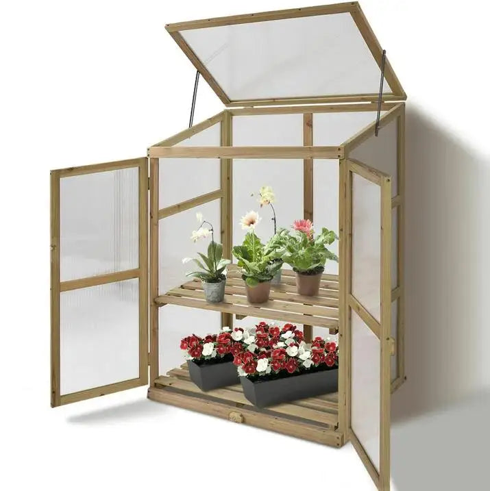 Wooden Cold Frame Greenhouse, Mini Planter Box, 30" L x 24" W x 44" H, Brown